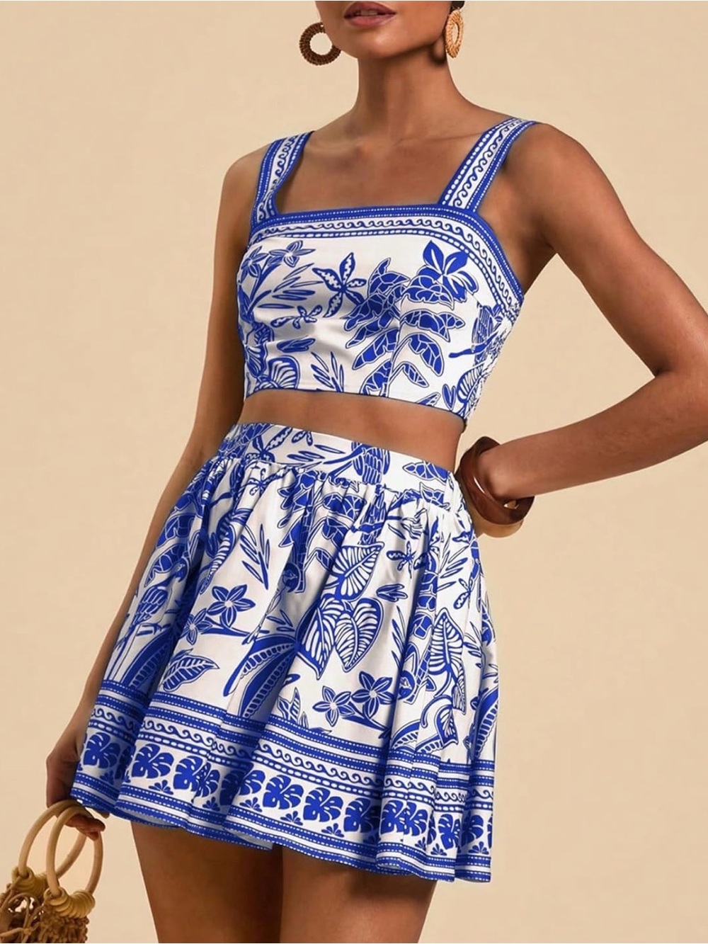 Blue and White Floral Two-Piece Crop Top & Skirt Set NEW - Picture 2 of 7